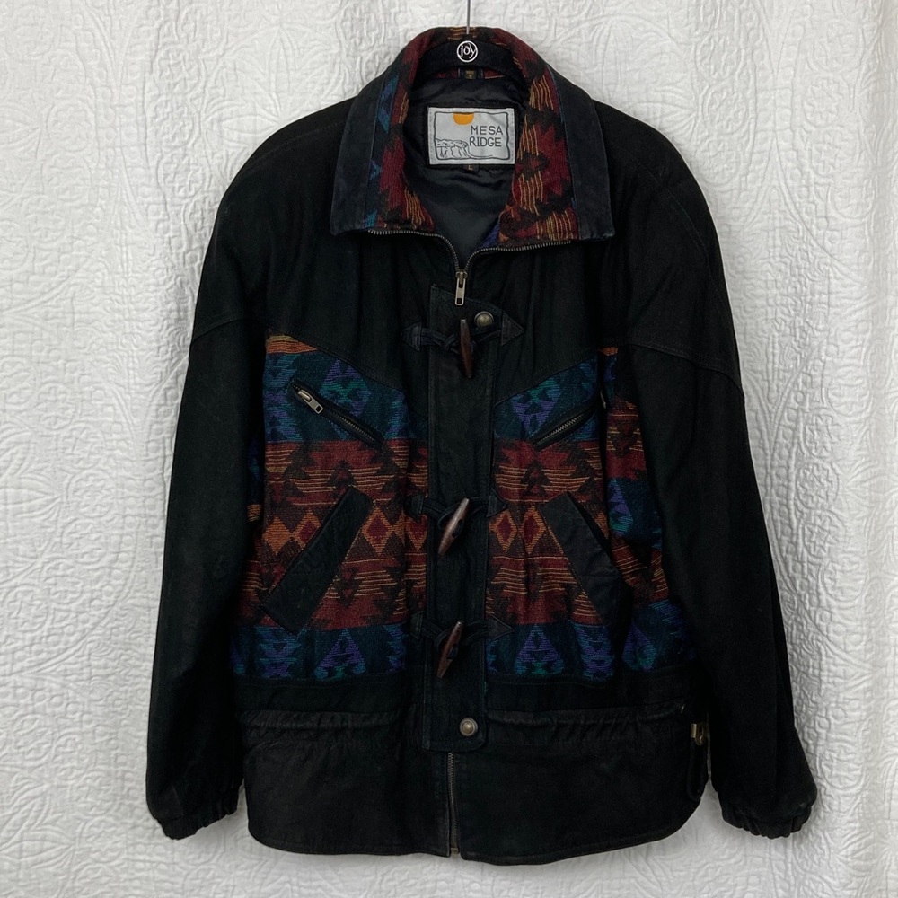 VTG Mesa Ridge Black Suede Southwestern Print Jacket sz Large